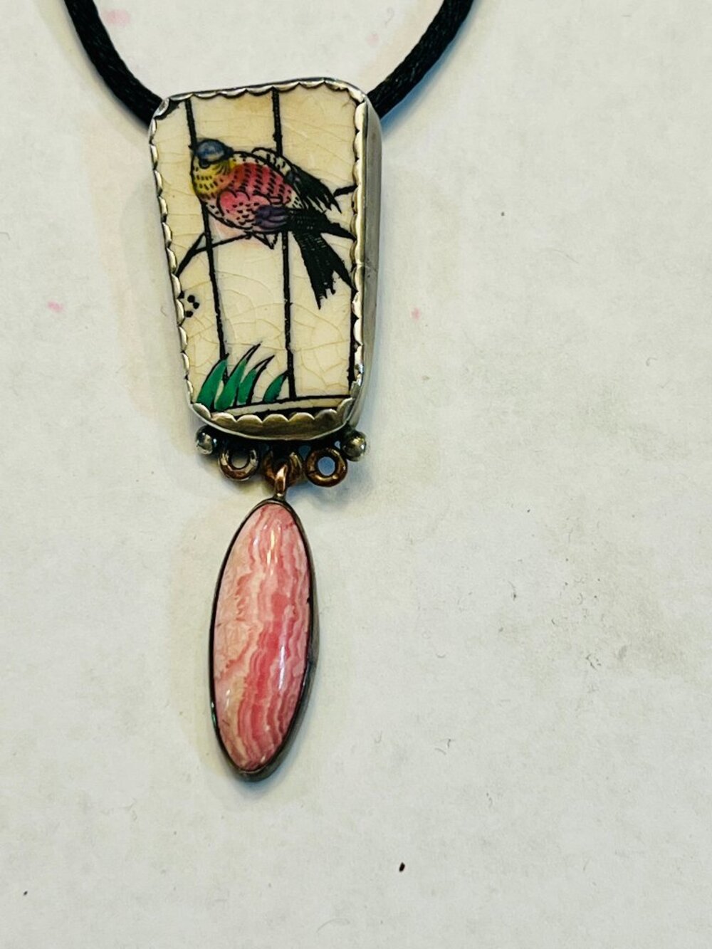 Porcelain Bird Pendant w/ Pink Rhodochrosite, Cased in Sliver " Rare"